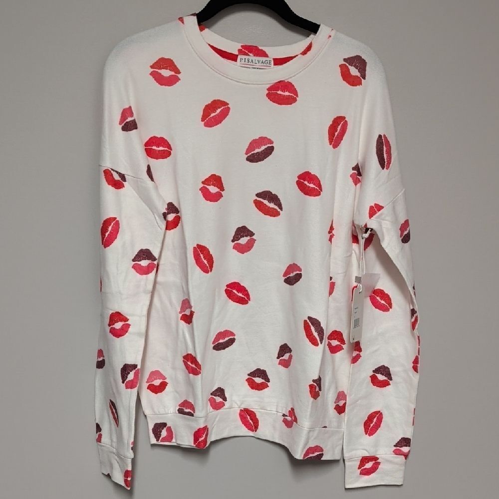 PJ Salvage Lip Print Pajama Top in White and Red